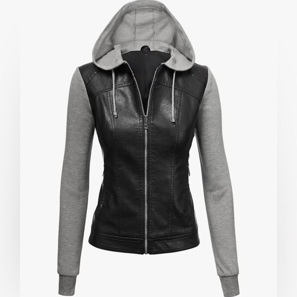 Women's Black Faux Leather Hoodie Jacket With Gray Knit Sleeves